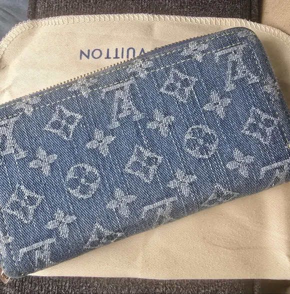 Denim Alongated Multi Compartment Blue/White Monogram Branded Logo Wallet - Picture 3 of 11